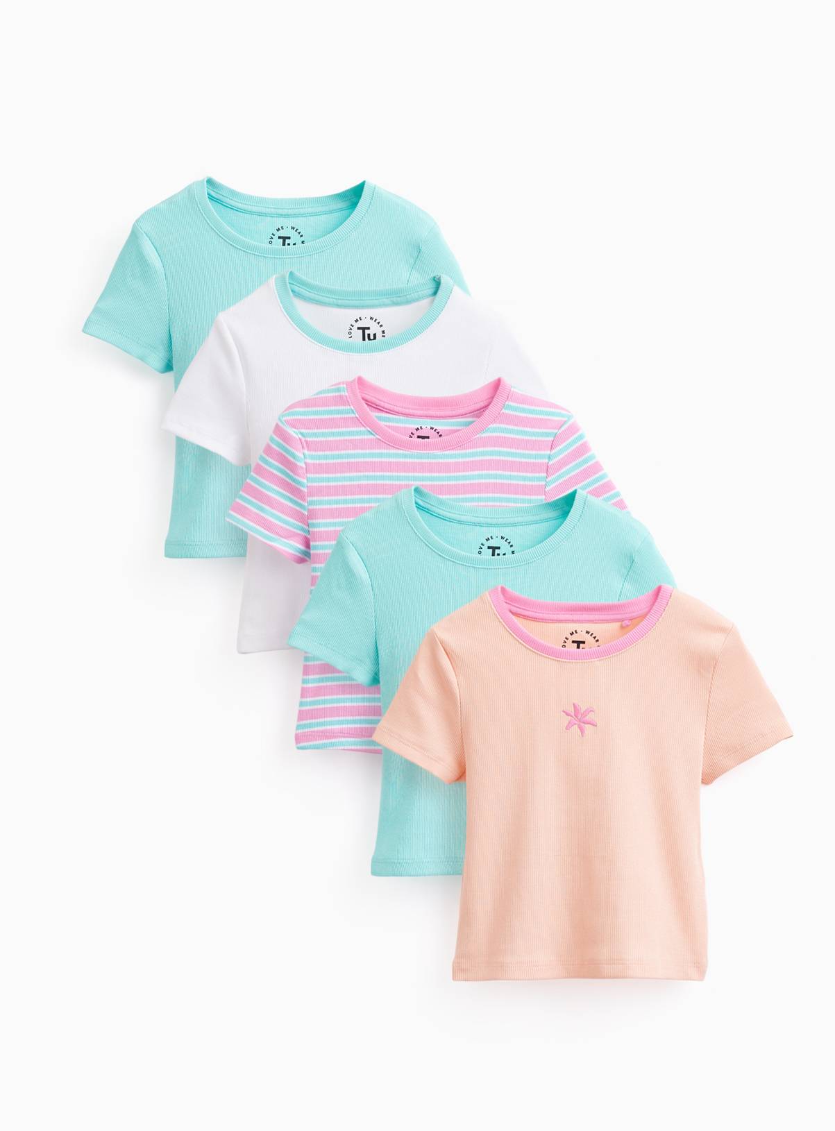 Plain & Striped Print Ribbed T-Shirts 5 Pack 6 years - Image 1